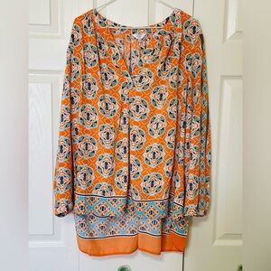 Crown and Ivy Curvy Women’s Plus Size 3X Hi Lo Tunic Orange Blue White Rayon
